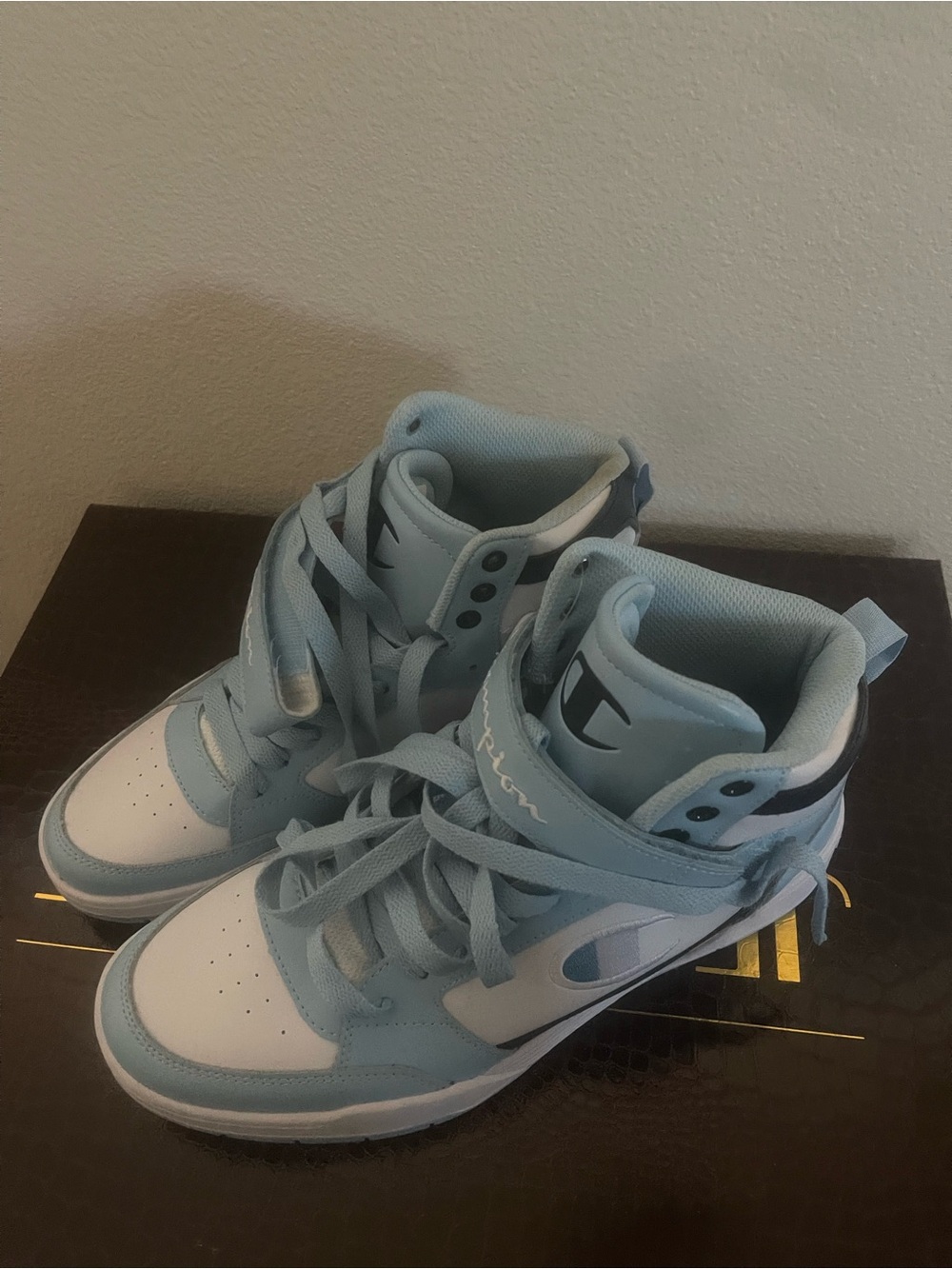 Champion High-Top Athletic Sneakers in Light Blue and White